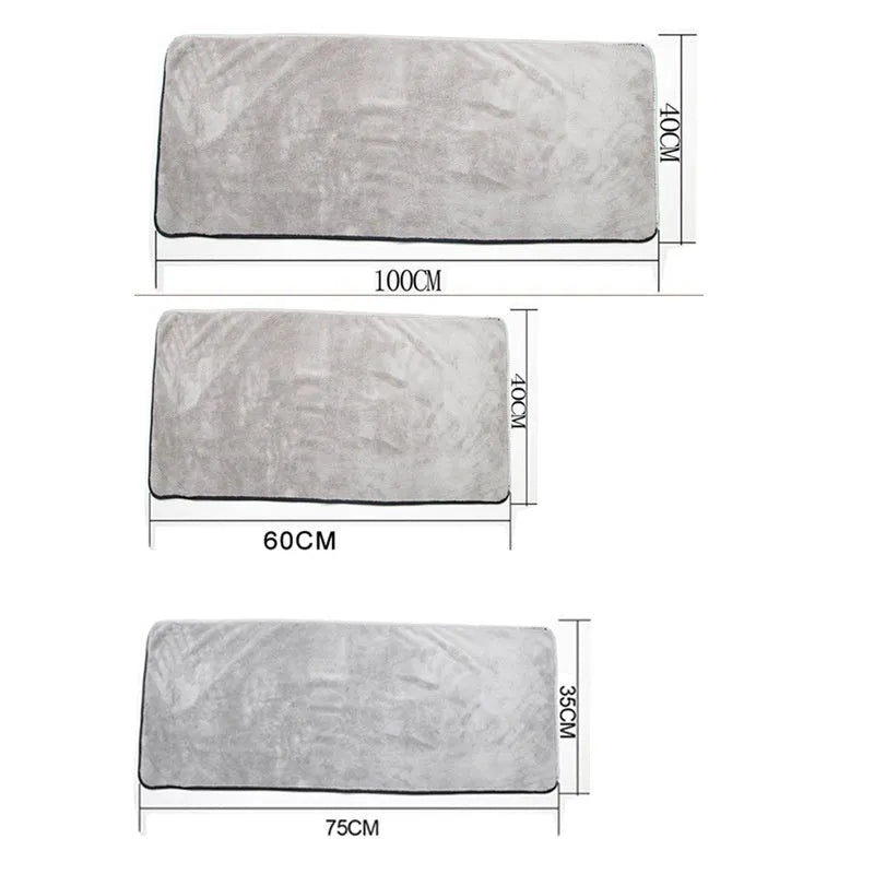 Microfiber car wash towel shown in three size options: 75cm by 35cm, 60cm by 40cm, and 100cm by 40cm.