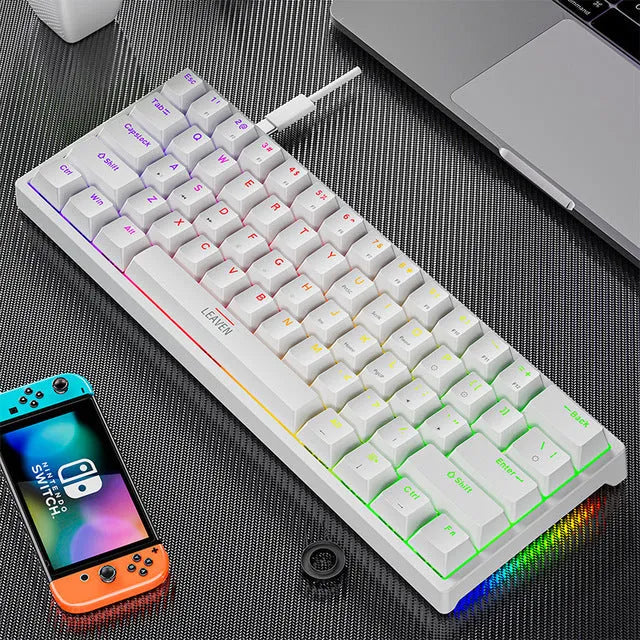 61-key blue switch mechanical keyboard with seven-color backlight, compact ABS build, Type-C wired connection