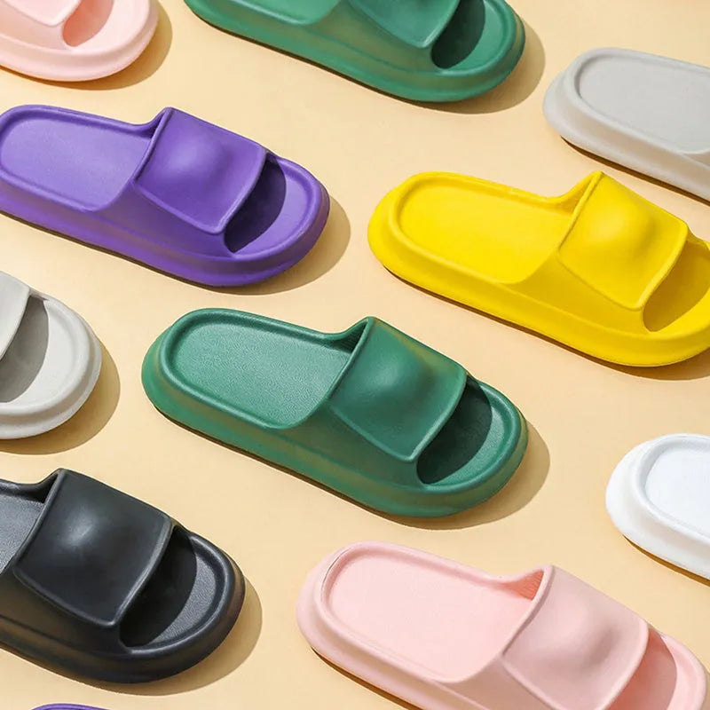 EVA flip-flop slippers with a thick sole in multiple colour options on a white background.