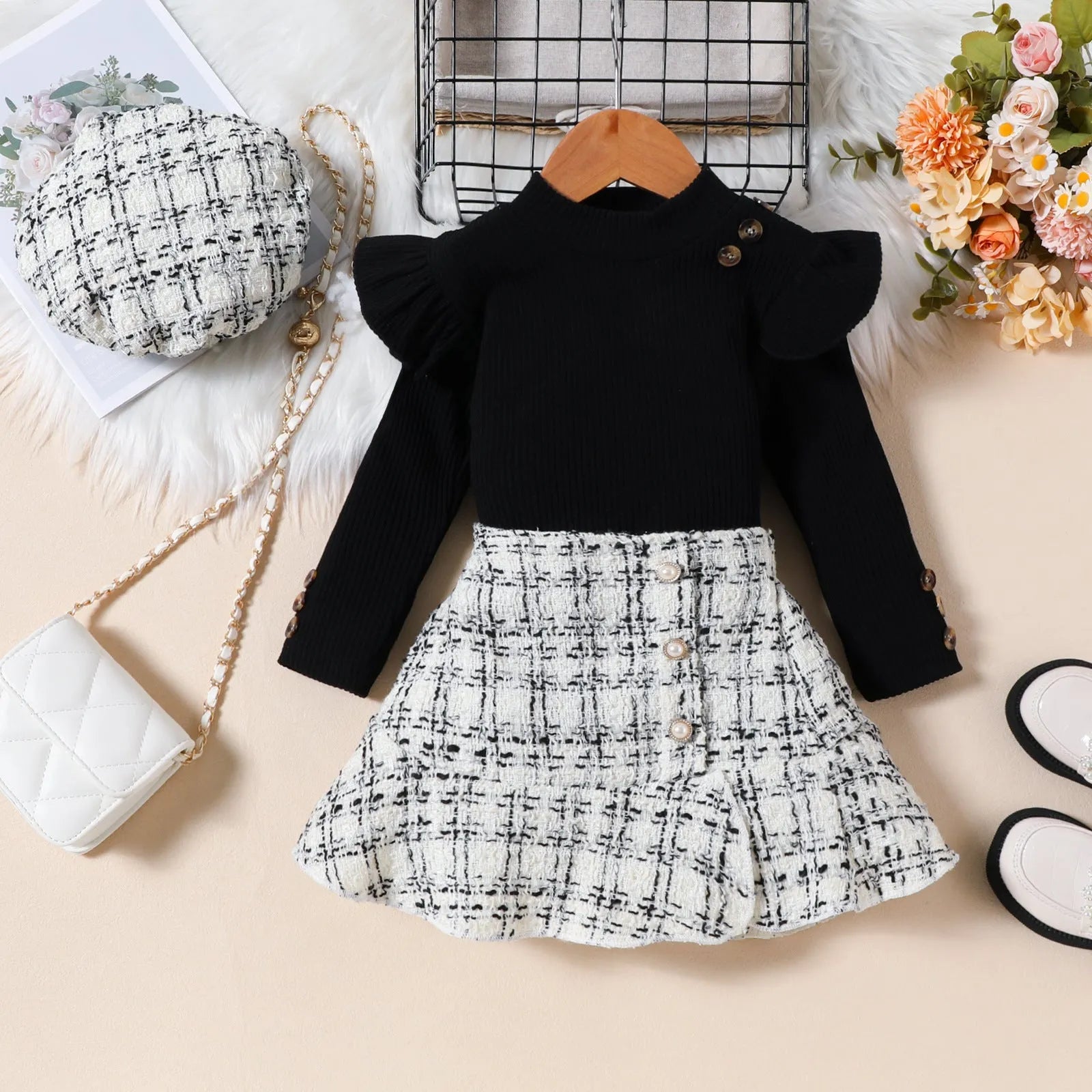Girls cotton plaid three-piece skirt suit with long sleeve top fishtail skirt and hat in black and pink sizes 90-130cm