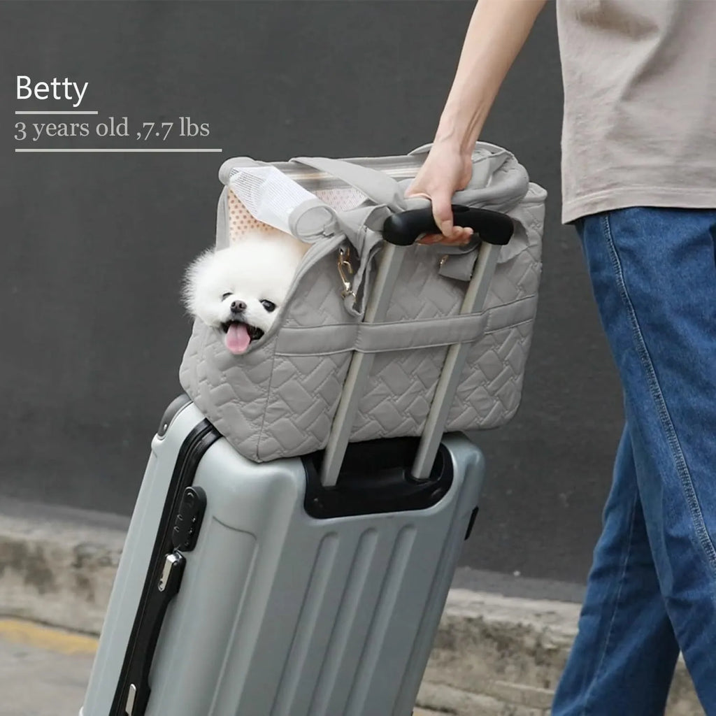 Grey pet carrier handbag with mesh panels and shoulder strap on a table