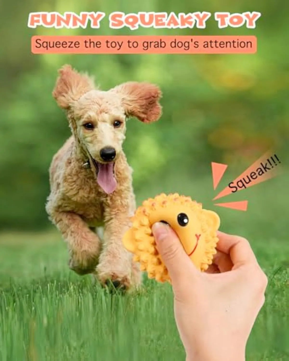 Orange and yellow spiky latex dog toy shaped like an animal with a squeaker inside