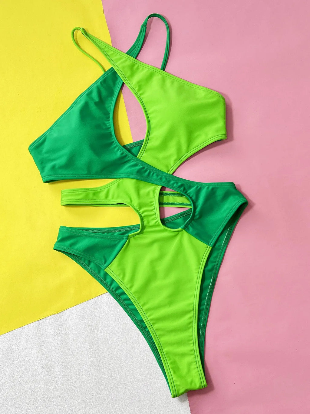 Women's green hollow contrast colour one-piece nylon swimsuit for swimming and wading