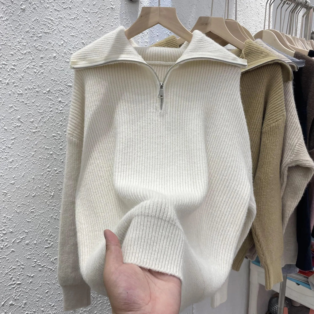 Women's loose fit polo collar viscose pullover sweater in solid colour with stitching detail