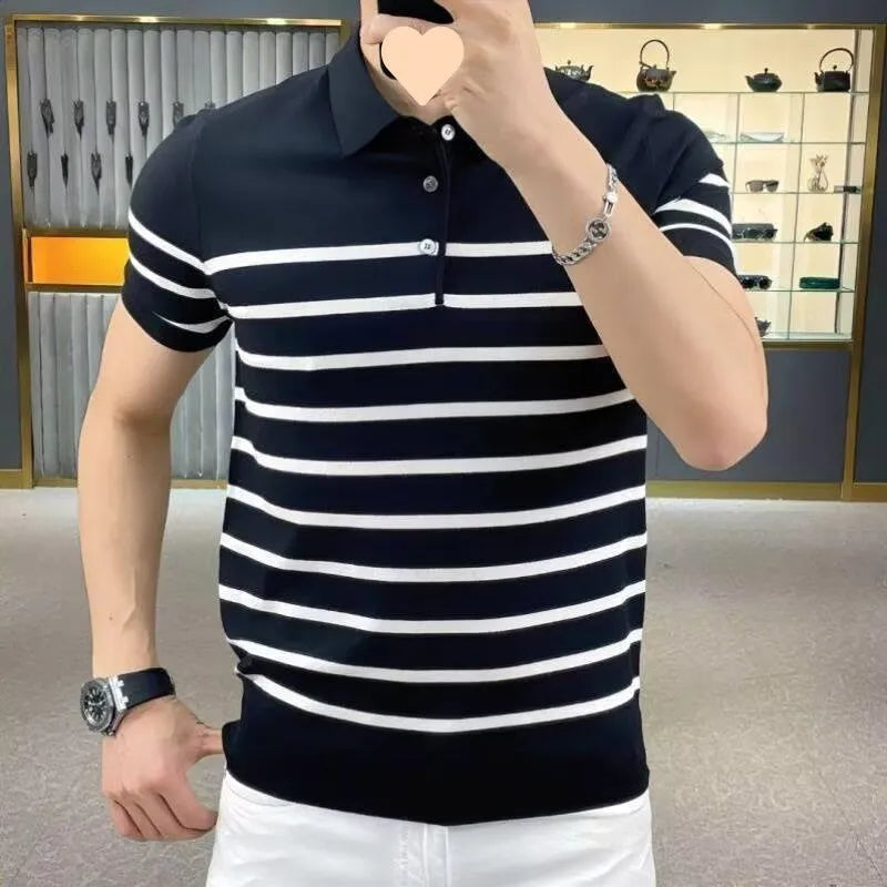 Men's black and white striped lapel knitted t-shirt with pullover style