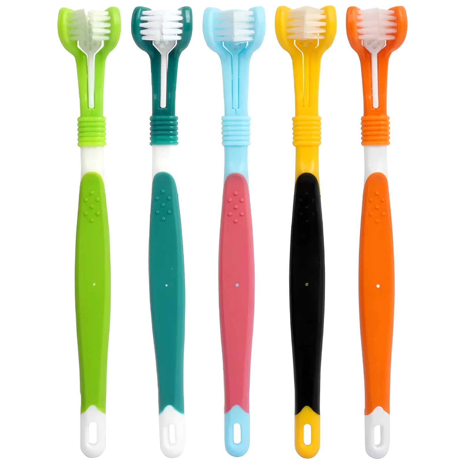 Plastic three-head pet toothbrush in blue red, dark green, grass green, orange, and yellow black for dog oral cleaning