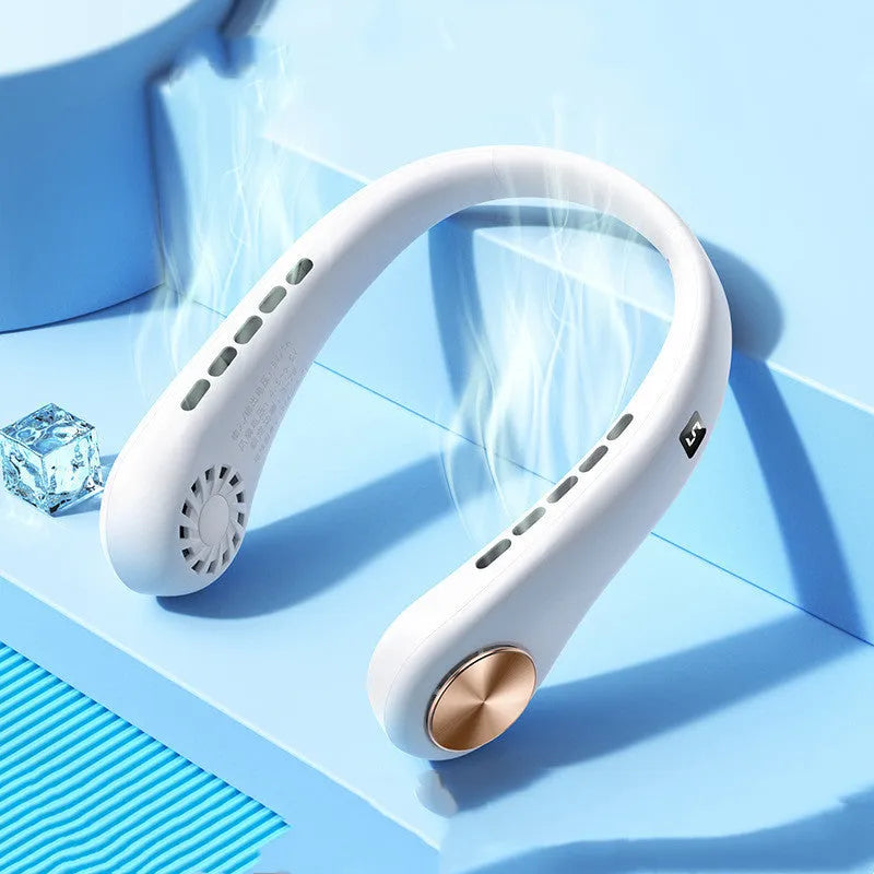 Portable bladeless neck fan in white hanging around neck with USB charging cable