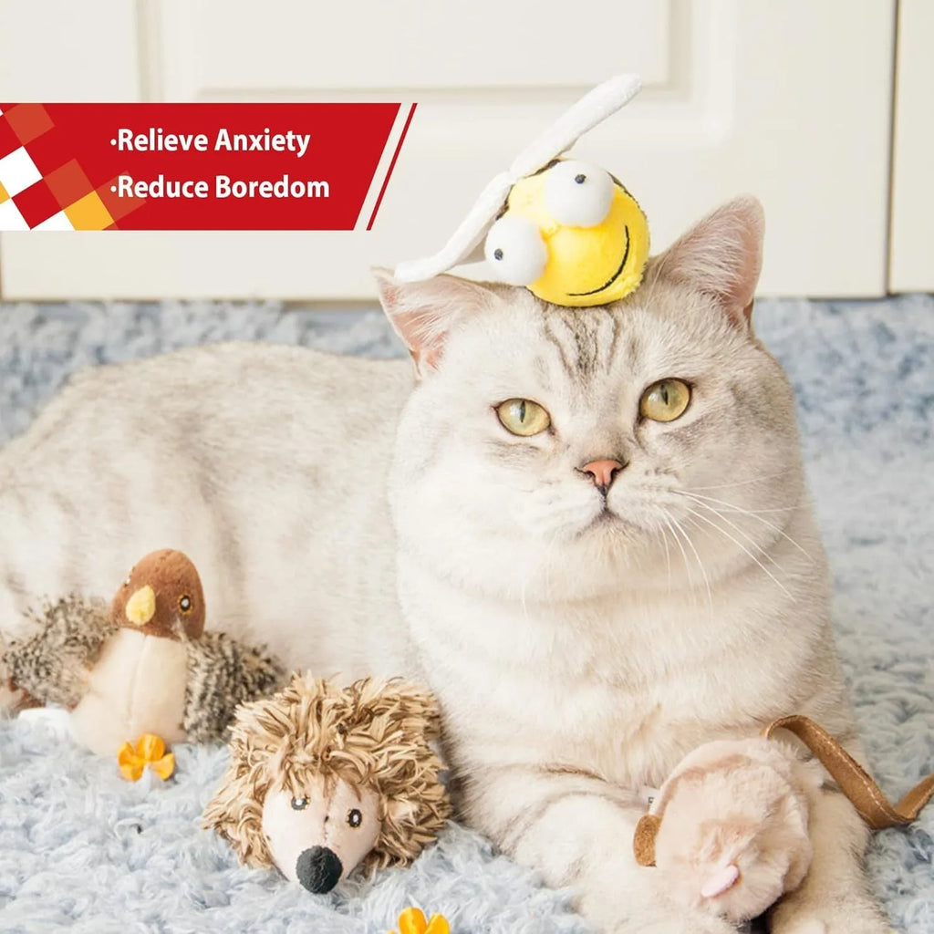 Yellow bee-shaped electronic cat toy with motion-activated chirping sounds for indoor play