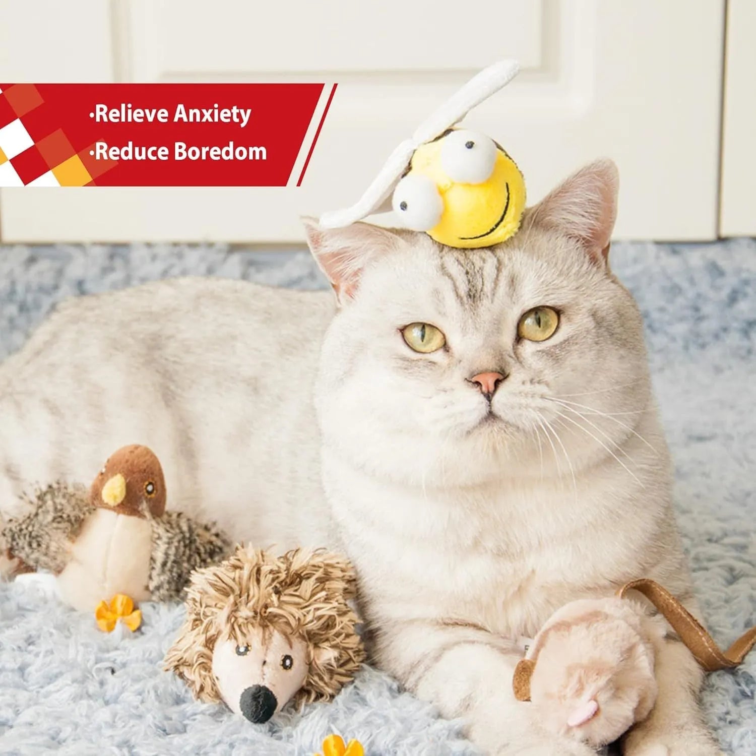 Yellow bee-shaped electronic cat toy with motion-activated chirping sounds for indoor play