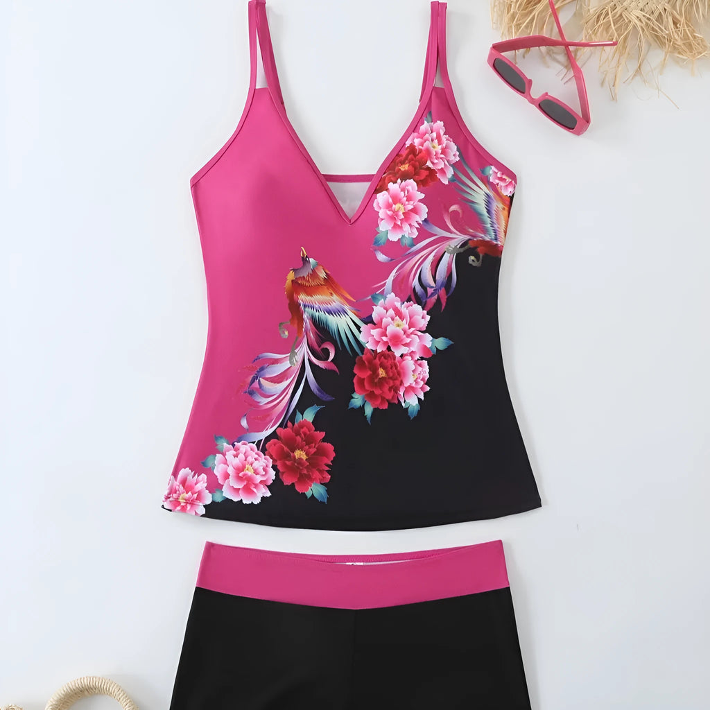 Women's plus size printed colour swimsuit briefs in black and rose red
