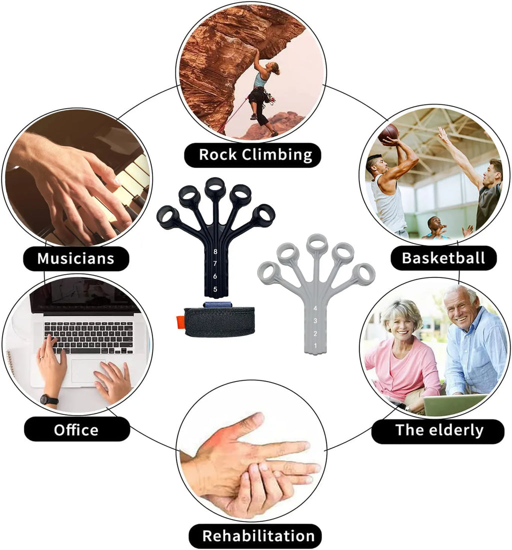 Black silicone finger flexion and extension rehabilitation trainer with adjustable resistance belt