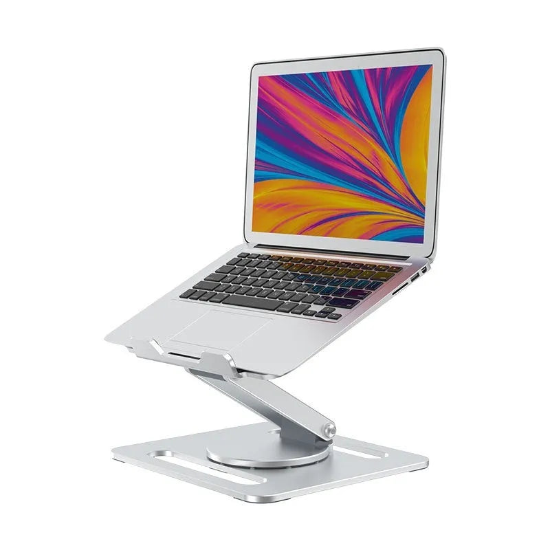 Folding aluminium alloy laptop and tablet stand in silver on a desk, showing unfolded position
