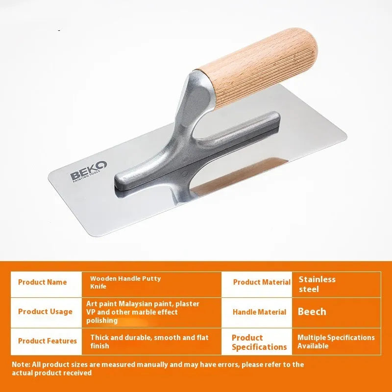 Stainless steel cement scraper with a wooden handle for applying putty to walls and floors.