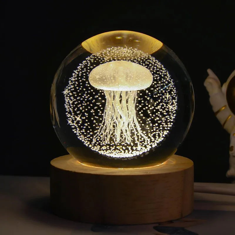 3D crystal ball night lamp with starry sky planets and moon projection on wooden base