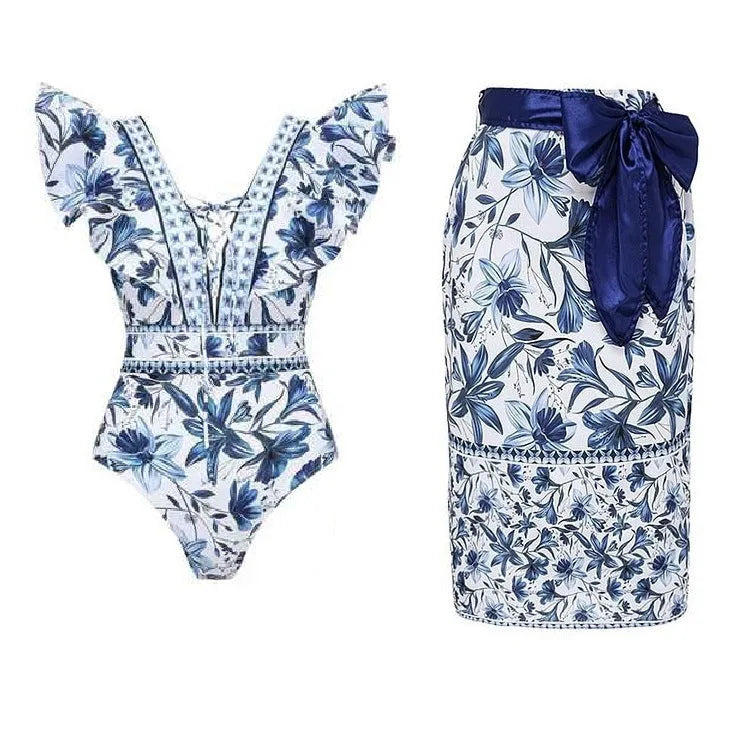 Women's ethnic style printed polyester chiffon round skirt v-neck swimsuit set with double-shoulder design