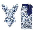 Women's ethnic style printed polyester chiffon round skirt v-neck swimsuit set with double-shoulder design