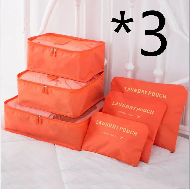 6 piece polyester travel storage bag set in hand bag type shape for clothes and cosmetic organisation, various colour options