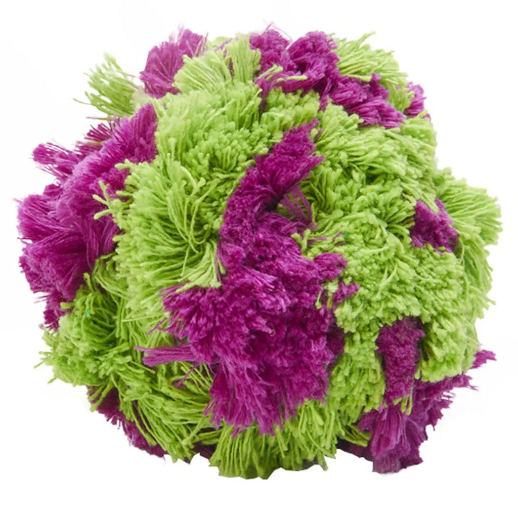 Purple plush knotty seaweed style dog chew toy ball for puppy teething and interactive fetch games.