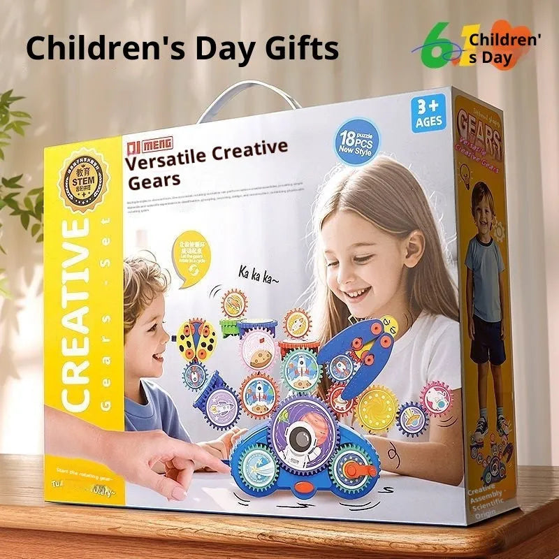 Electric building blocks changeable gear toy in dinosaur theme with plastic blocks and portable gift box