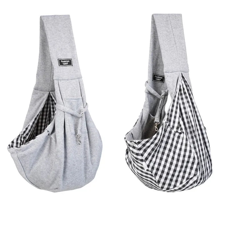 Grey foldable cat carrier bag with mesh windows and adjustable shoulder strap
