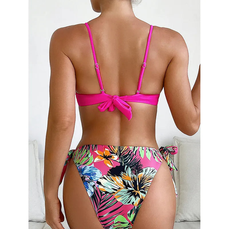Rose red women's bikini swimsuit with a decorative braid rope design on a mannequin