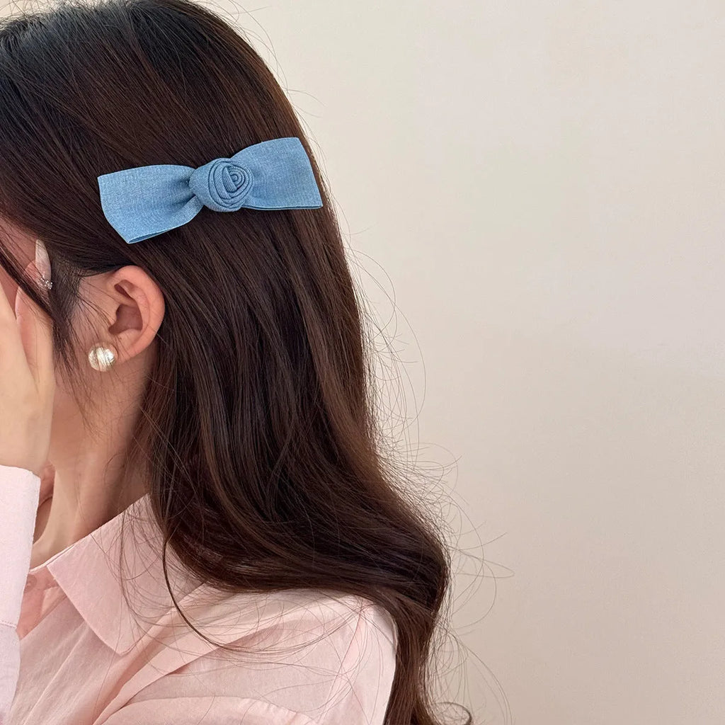 Cloth hair barrettes for women in pastoral style with beige lace and blue bow options