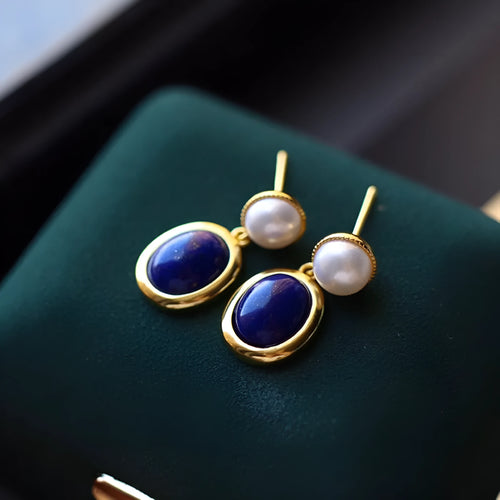 925 sterling silver lapis lazuli pearl stud earrings with auspicious patterns