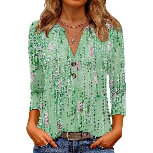 Women's loose fit V-neck top with 3D pattern print in Japanese Korean casual style