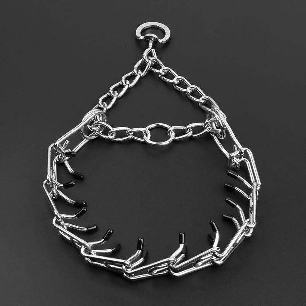 Stainless steel dog pinch training collar with adjustable chain links and black rubber comfort tips on prongs.