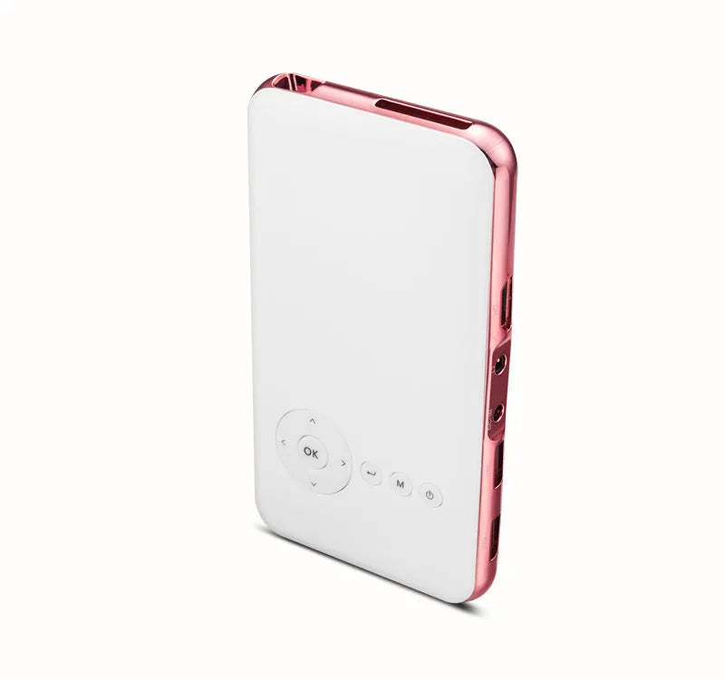 White and rose gold miniature DLP Android projector measuring 145mm wide with compact aluminium casing