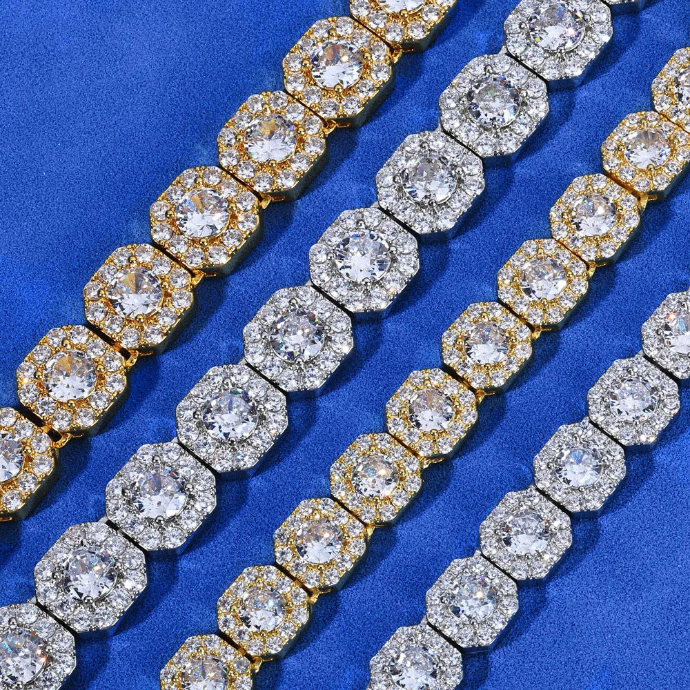 Hip hop zircon rock candy necklace gold finish on copper chain with 12mm width