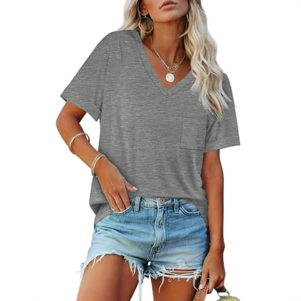 Grey loose fit V-neck T-shirt with chest pocket in Japanese Korean casual style
