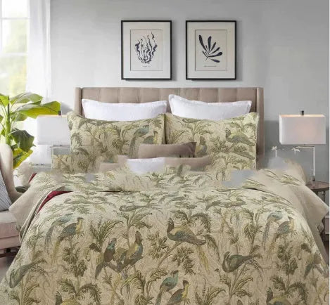 Blue cotton quilted bedspread with American floral and bird pattern, 230x250 cm three-piece set