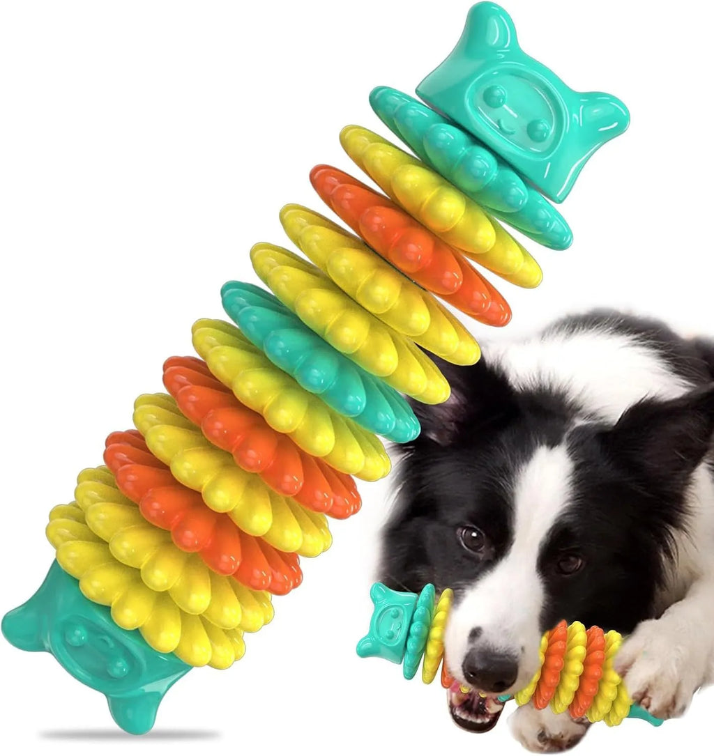 Blue caterpillar-shaped natural rubber dog chew toy for aggressive chewers