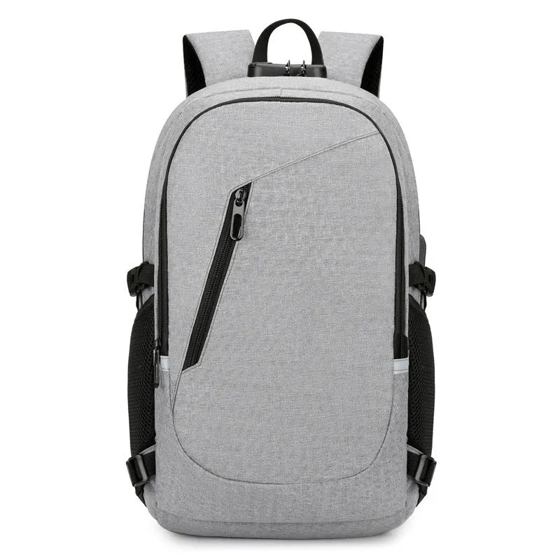 Oxford cloth casual backpack in blue, open to show interior, with a laptop inside.