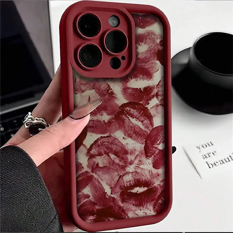 Wine red lip print TPU protective case for Apple iPhone, frosted finish, shockproof design