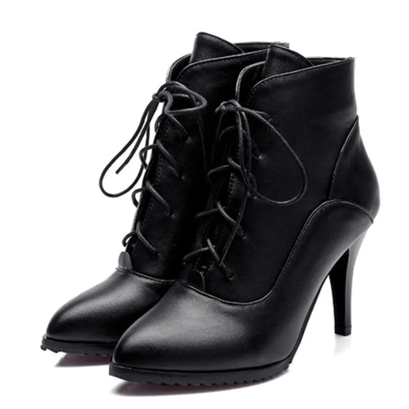Women's lace-up Martin boots with stiletto heel in black, brown, and red