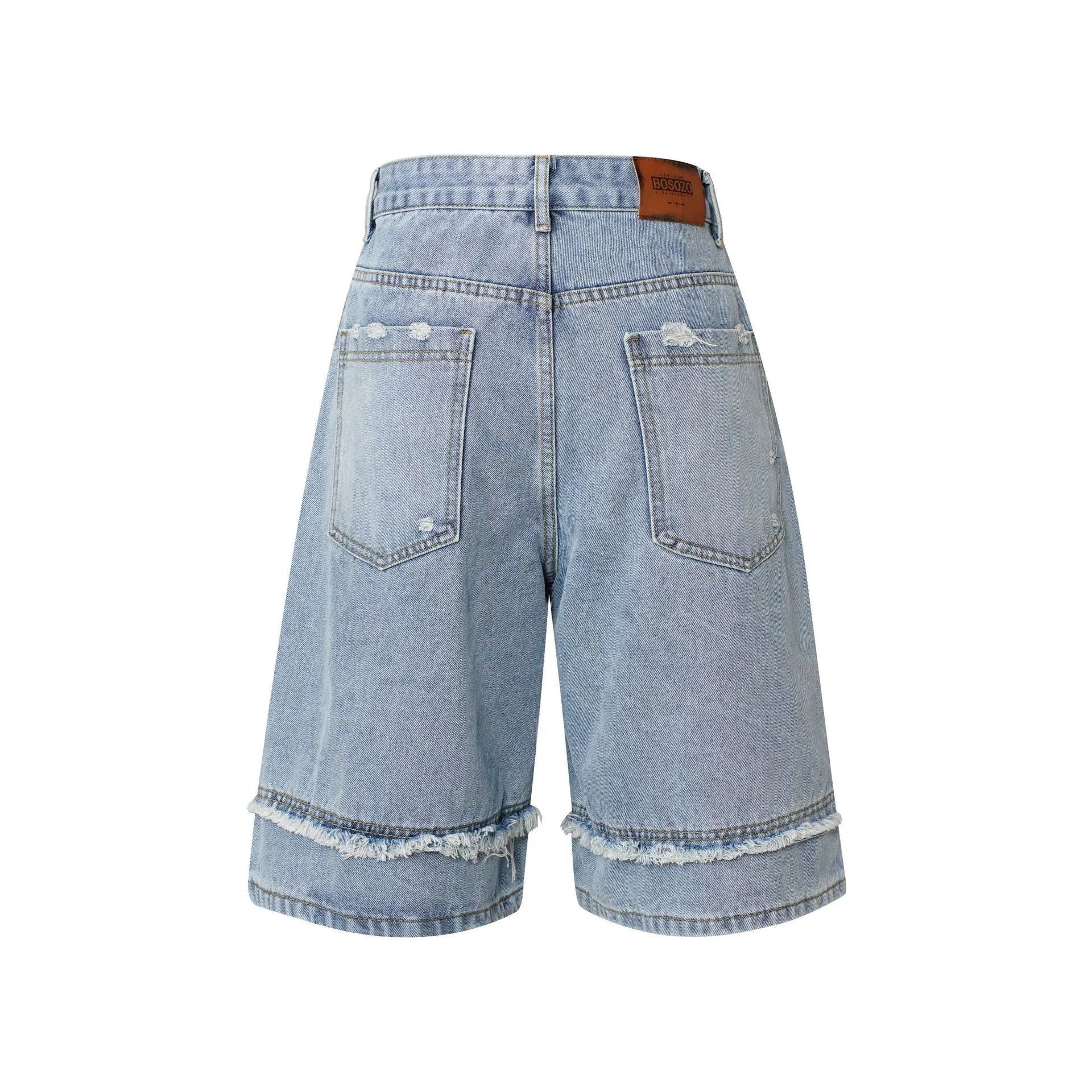 Distressed raw edge denim shorts in black, dark blue, and light blue colours