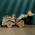Wooden puzzle forklift building block toy set with 312 pieces showing assembled forklift on table