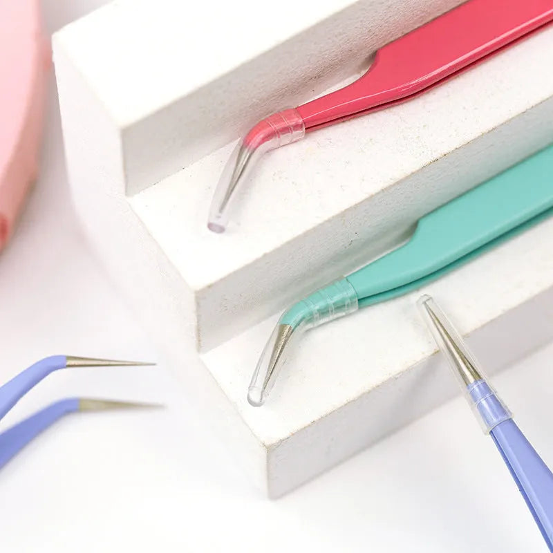 Stainless steel tweezers macaron coloured straight and elbow styles on paper card packaging