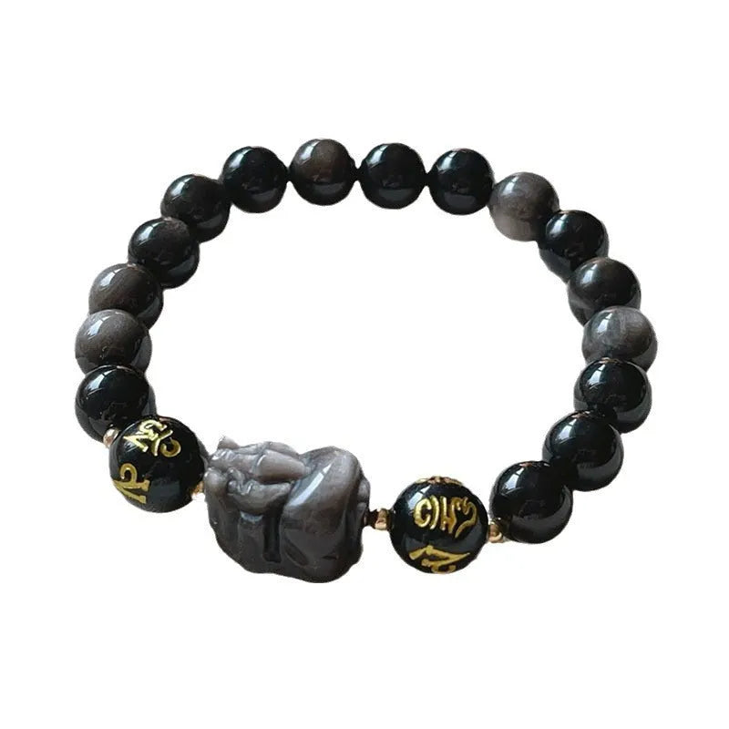 Men's natural silver stone bracelet with Chinese zodiac beads and adjustable fastening
