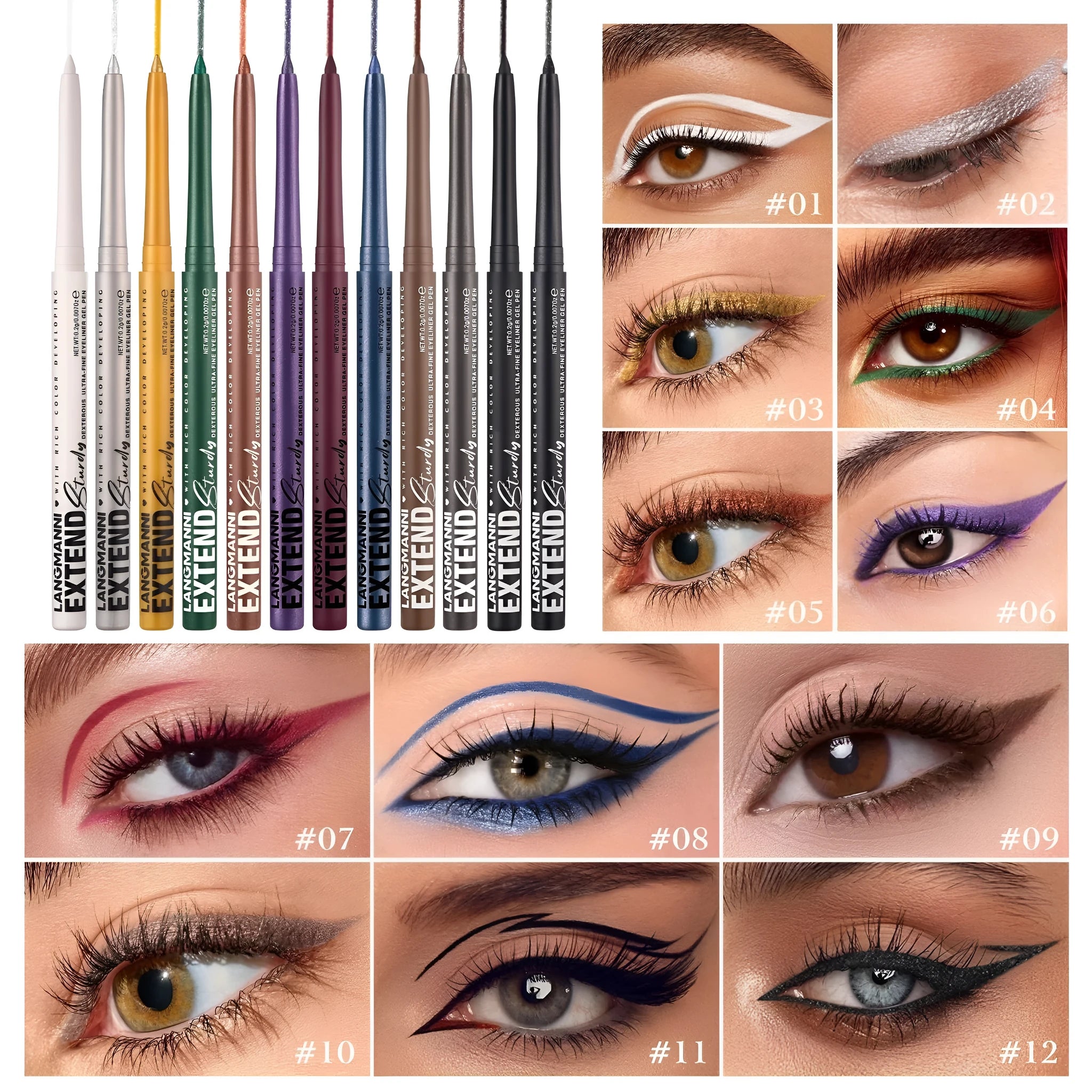 Set of 12 colourful gel glitter eyeliner pencils with waterproof formula for party and Halloween makeup