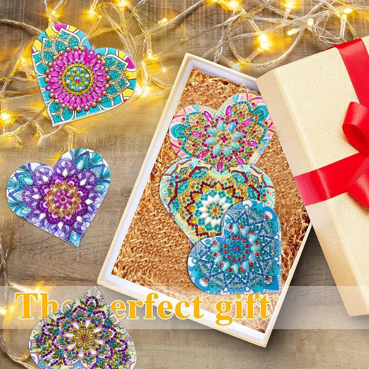 Six handmade PU leather bookmarks with crystal decorations and floral painted designs