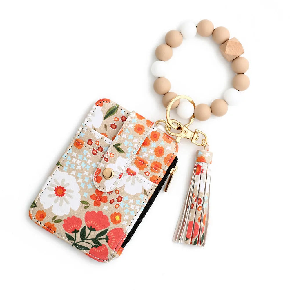 Women's floral print leather card bag in light pink, modern style card holder