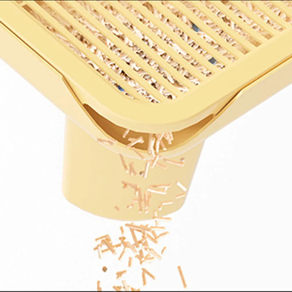 Milk yellow plastic cat litter mat with anti-slip silicone feet, dimensions 40cm by 40.5cm.