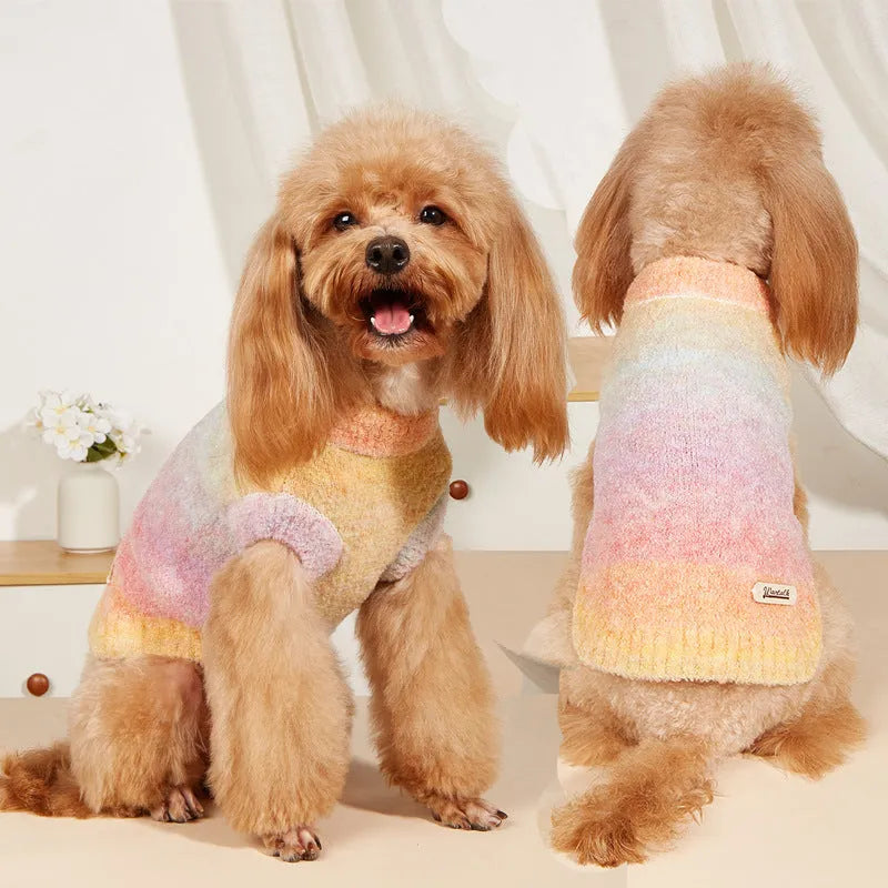 Soft glutinous rainbow circle dopamine pet sweater in Style 1 colour, wool acrylic blend, size M, laid flat on a surface