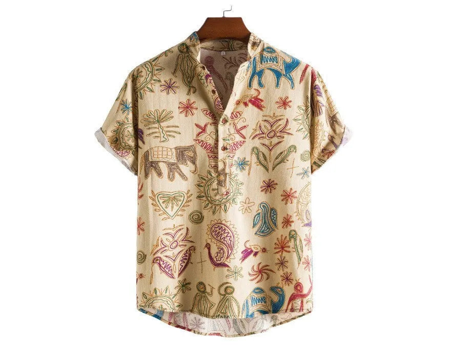 Man wearing a plus-size loose-fit cardigan shirt with a colourful 3D digital print design.