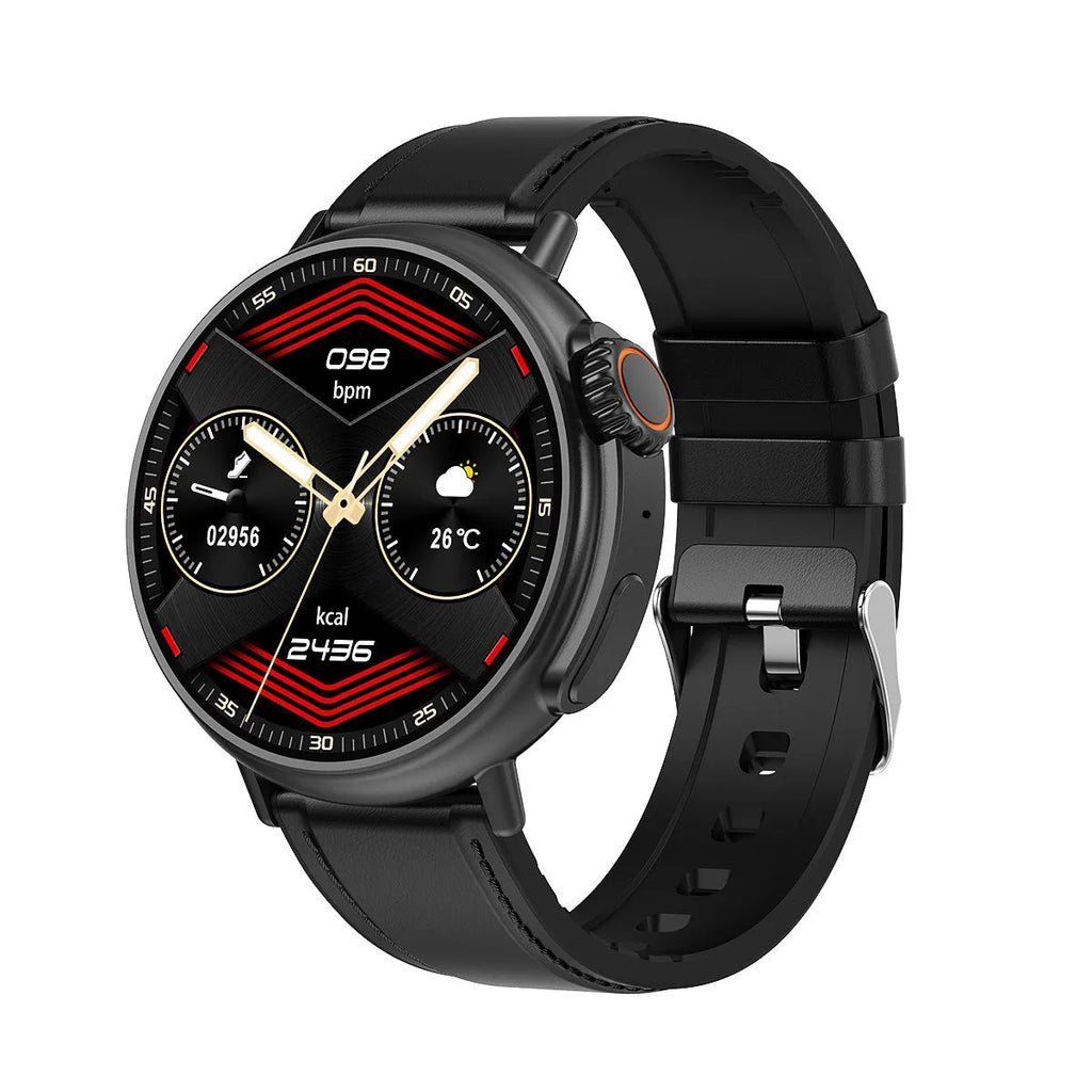 Smart watch with 1.6 inch AMOLED round screen, titanium alloy case, silicone strap, and health sensors