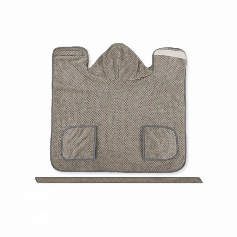 Blue quick drying dog bath robe towel with adjustable waistband placed on a fluffy mat