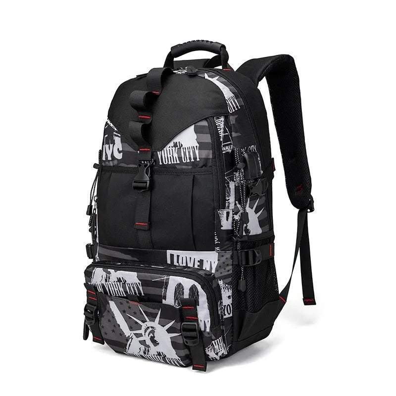 Men's waterproof Oxford cloth hiking backpack with air pillow belt system in camouflage black colour